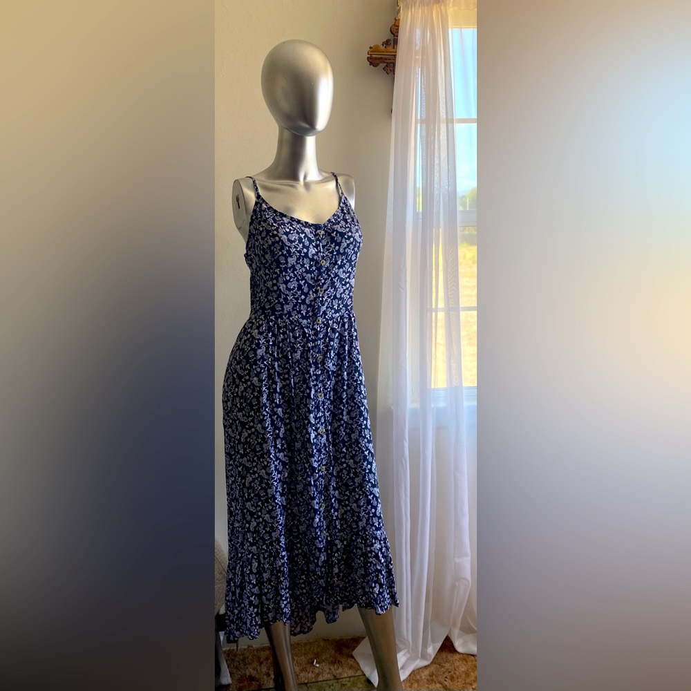 Holister Navy Blue Floral High-Low Fit Dress. Size L